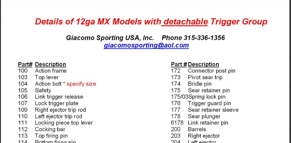 MX Model 12 ga Removable Trigger Group Parts List - Click on PDF File to the Right